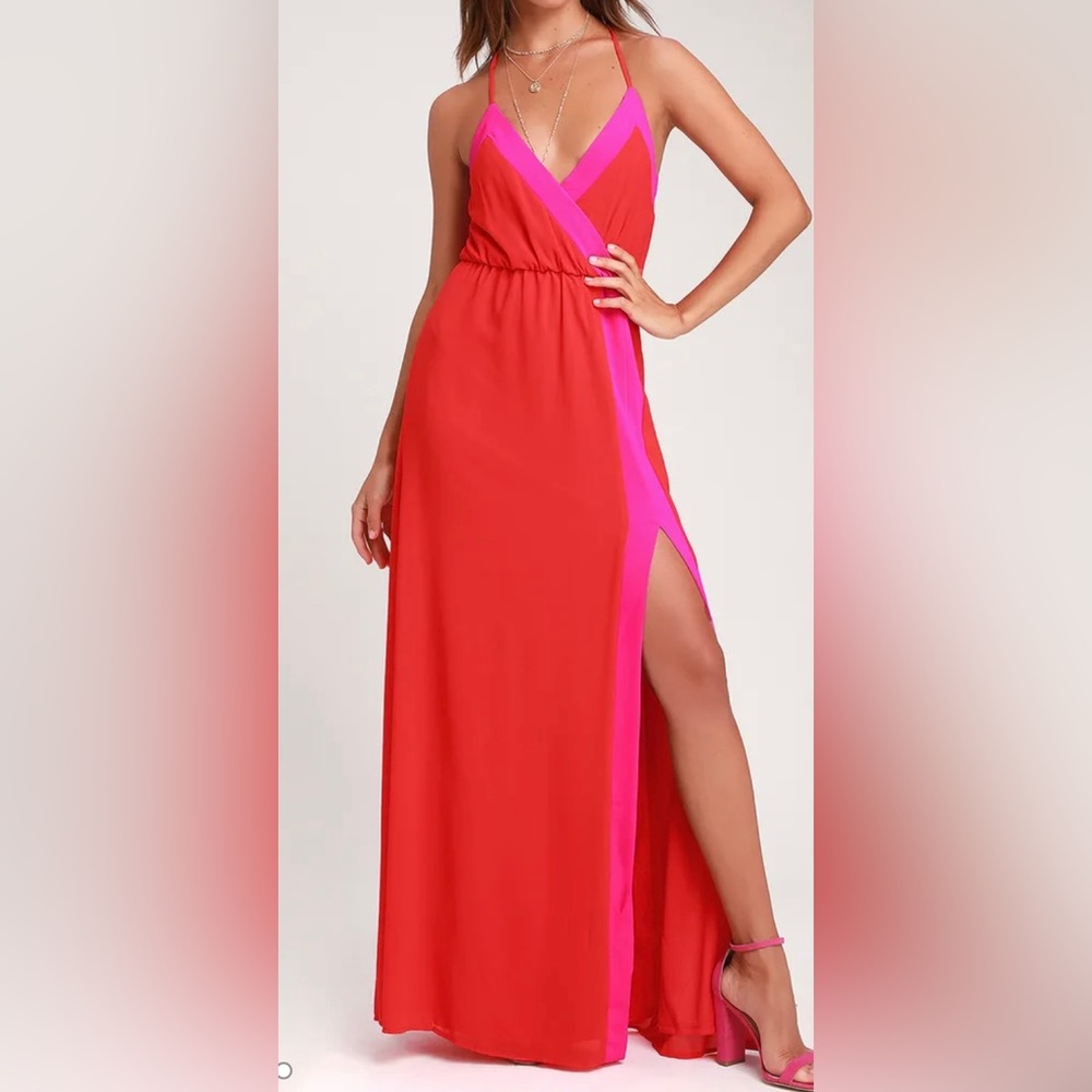Bright Side Coral Red Color Block Maxi Dress